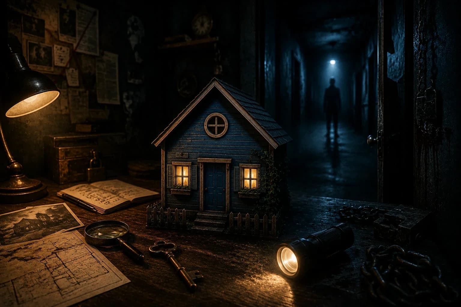 Escena de terror psicológico y físico inspirada en La Casita Azul Psycokiller, con una casa azul en un escape room oscuro.