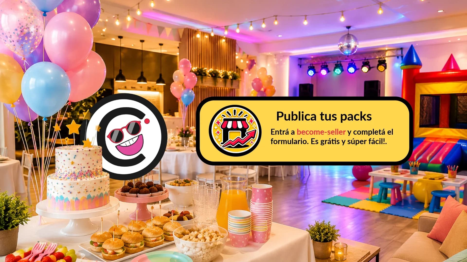 Niños celebrando un cumpleaños en un salón de fiestas con animador y catering.