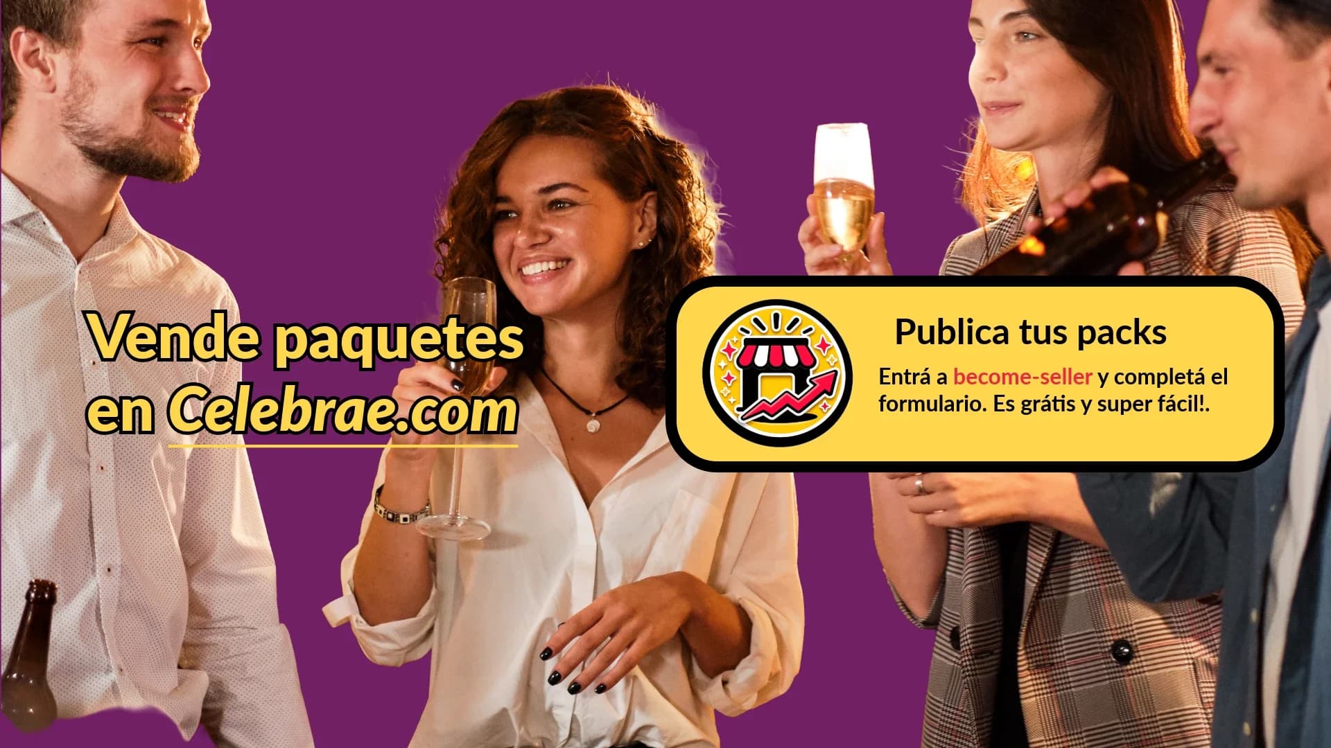 Una imagen conceptual de un grupo de personas disfrutando de una experiencia juntos, con elementos festivos y de celebración de fondo.