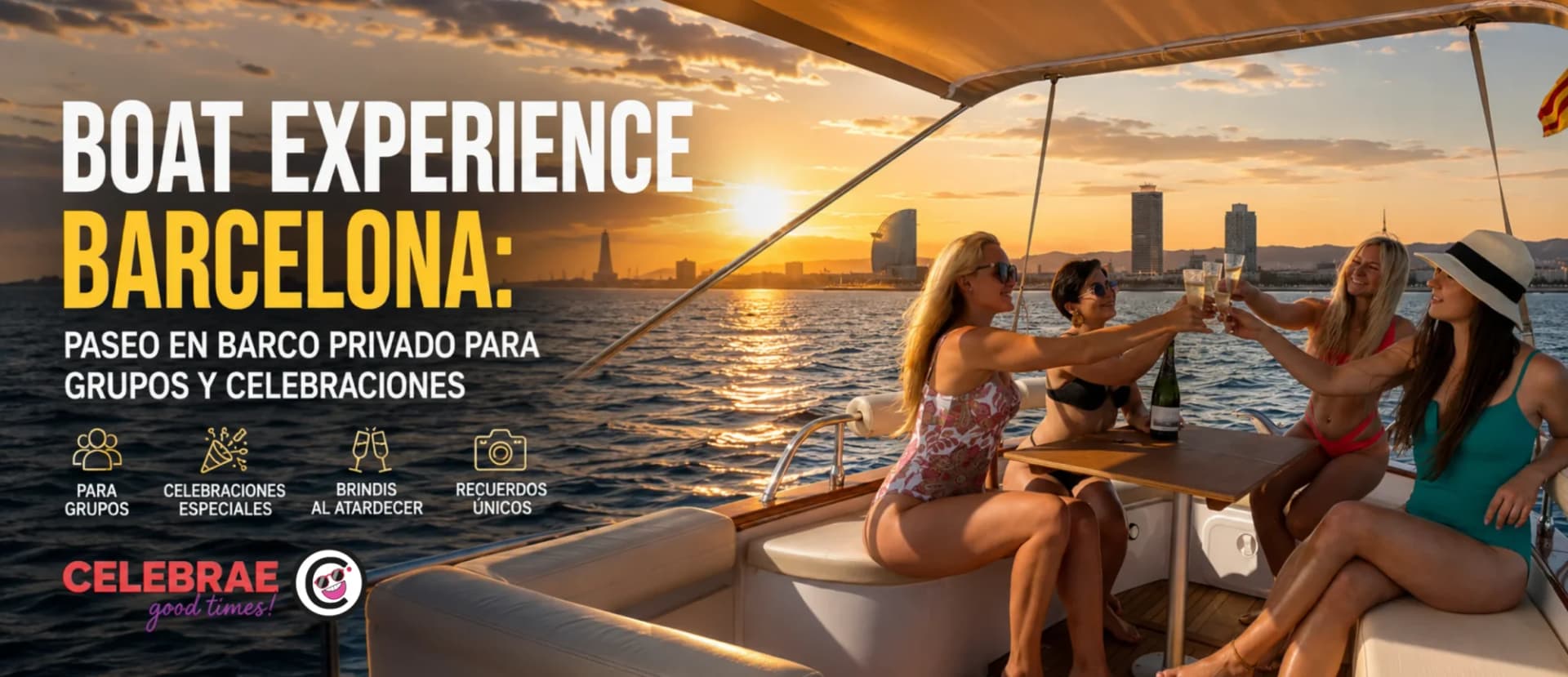 Barco en el Mediterráneo con atardecer de fondo