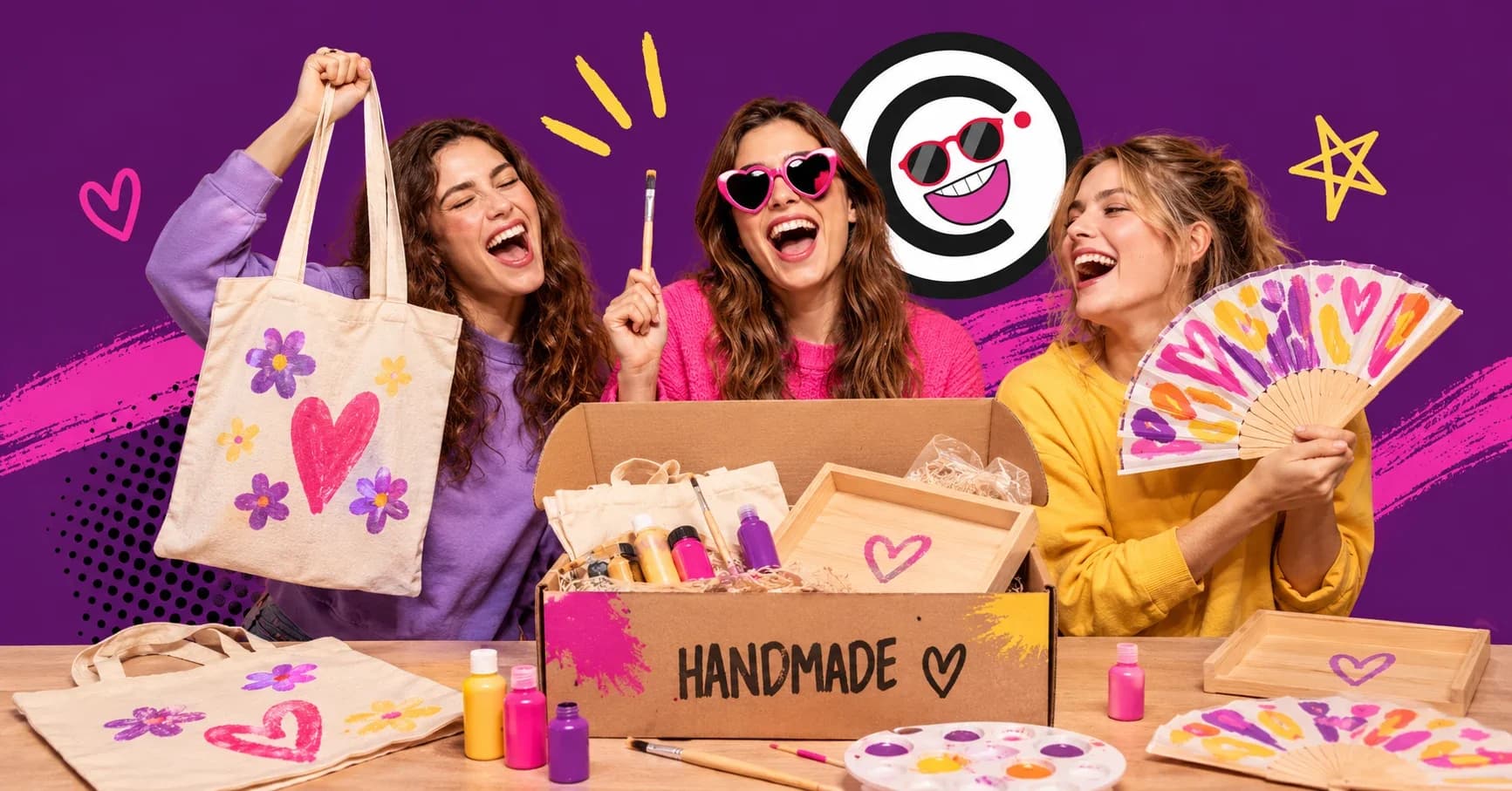 Amigas riendo mientras realizan una actividad creativa con una box de Handmade Córdoba