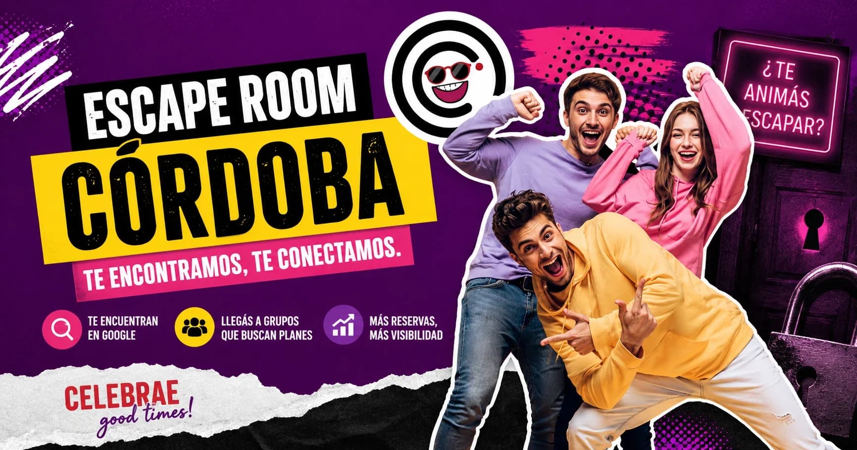 Personas resolviendo un puzzle en un escape room, con el logo de Celebrae superpuesto.