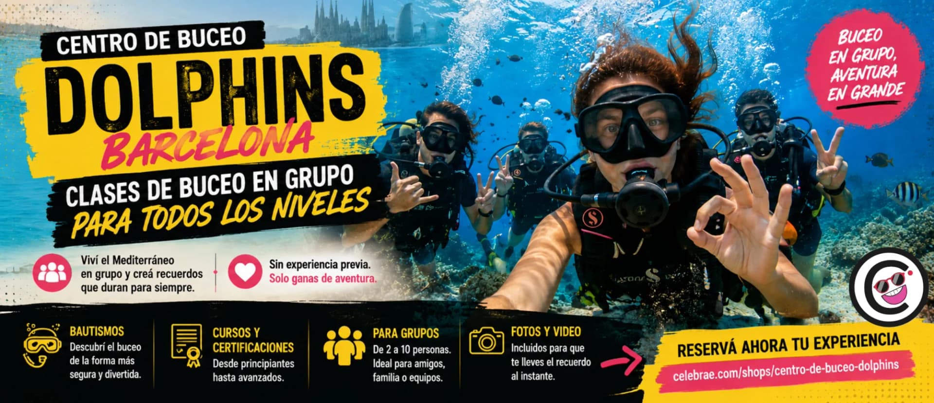 Grupo de amigos buceando en las aguas cristalinas de Barcelona con Centro de Buceo Dolphins