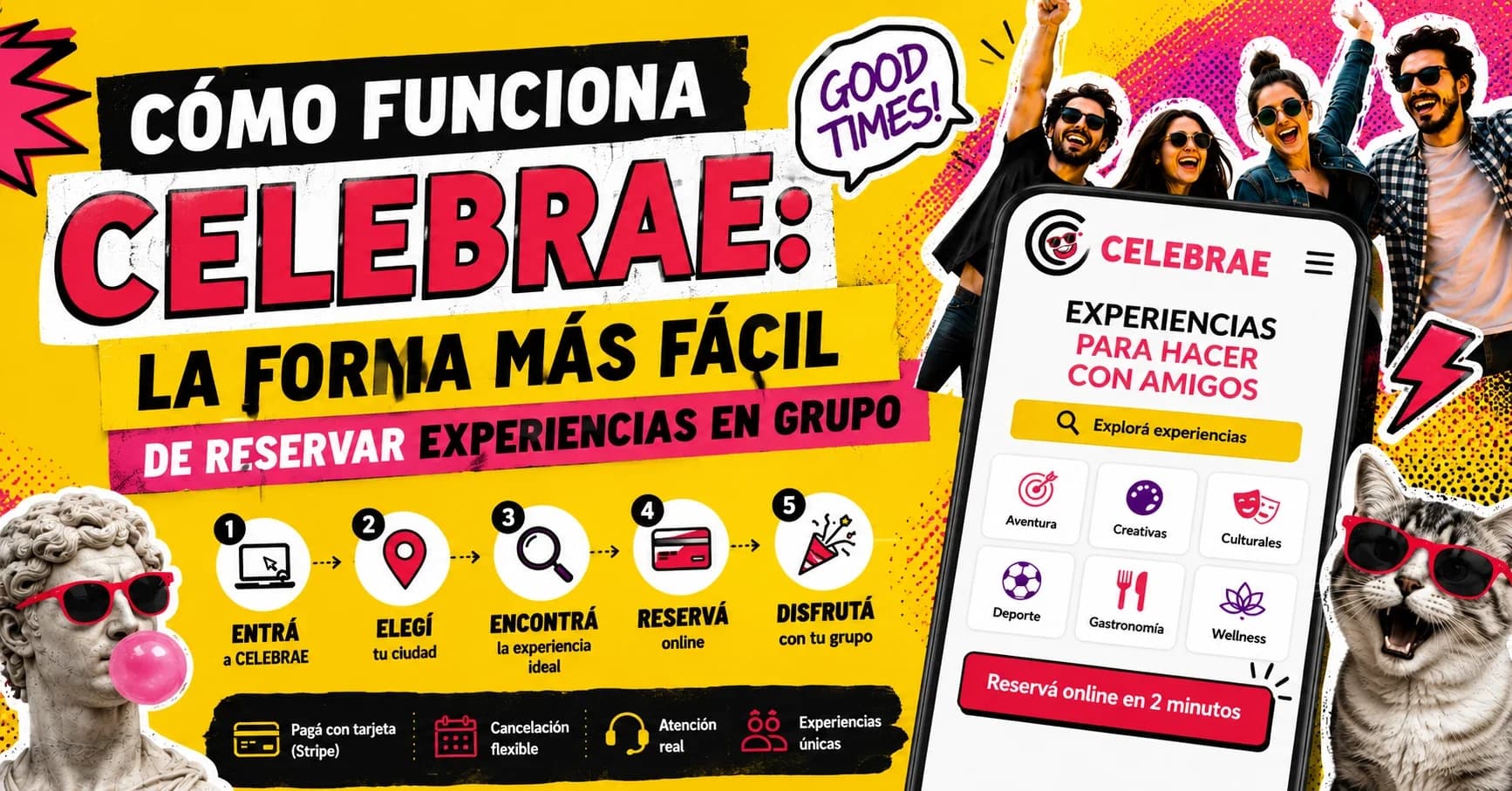 Logo de Celebrae sobre un fondo abstracto, simbolizando la facilidad de reserva de experiencias grupales.
