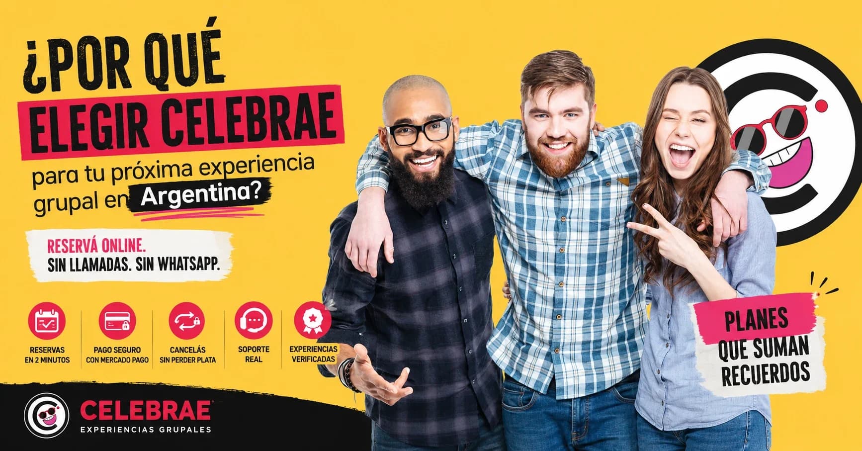 Grupo de amigos riendo y celebrando una experiencia grupal con el logo de Celebrae de fondo