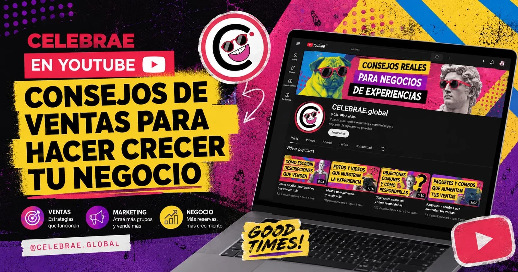 Logo de Celebrae en YouTube con consejos de ventas