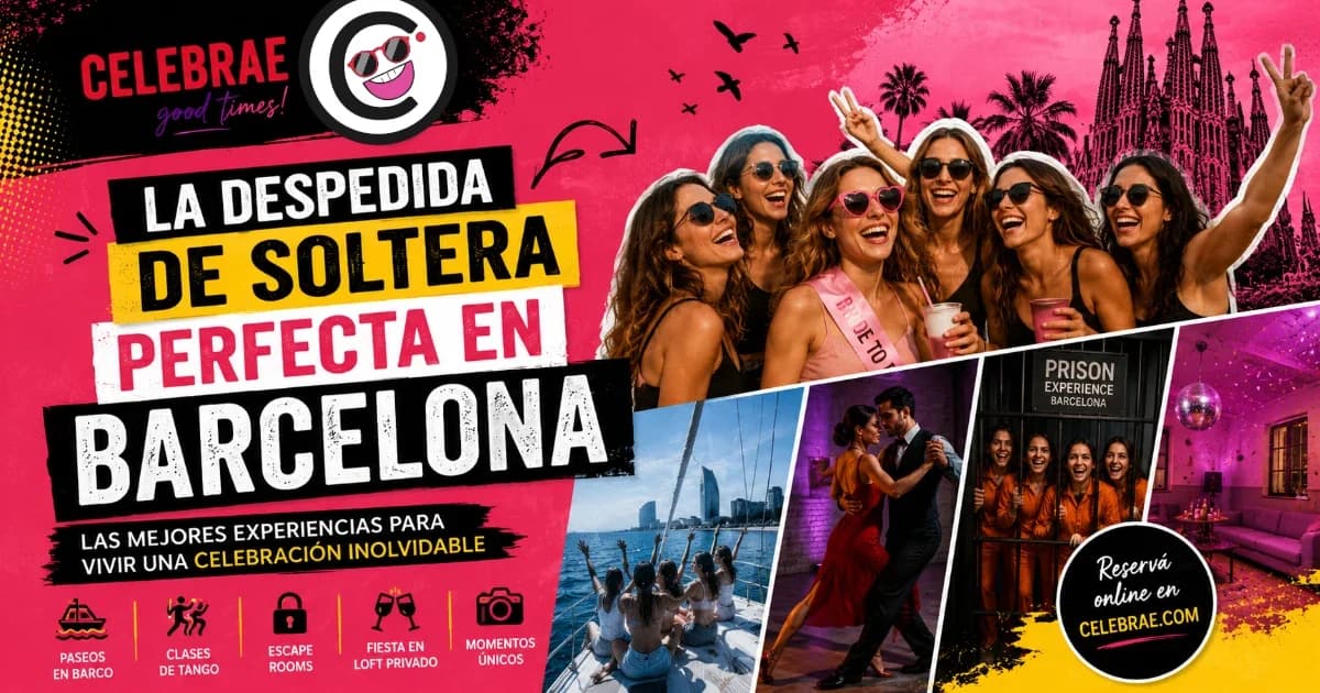 Grupo de amigas celebrando una despedida de soltera en Barcelona con el skyline de fondo