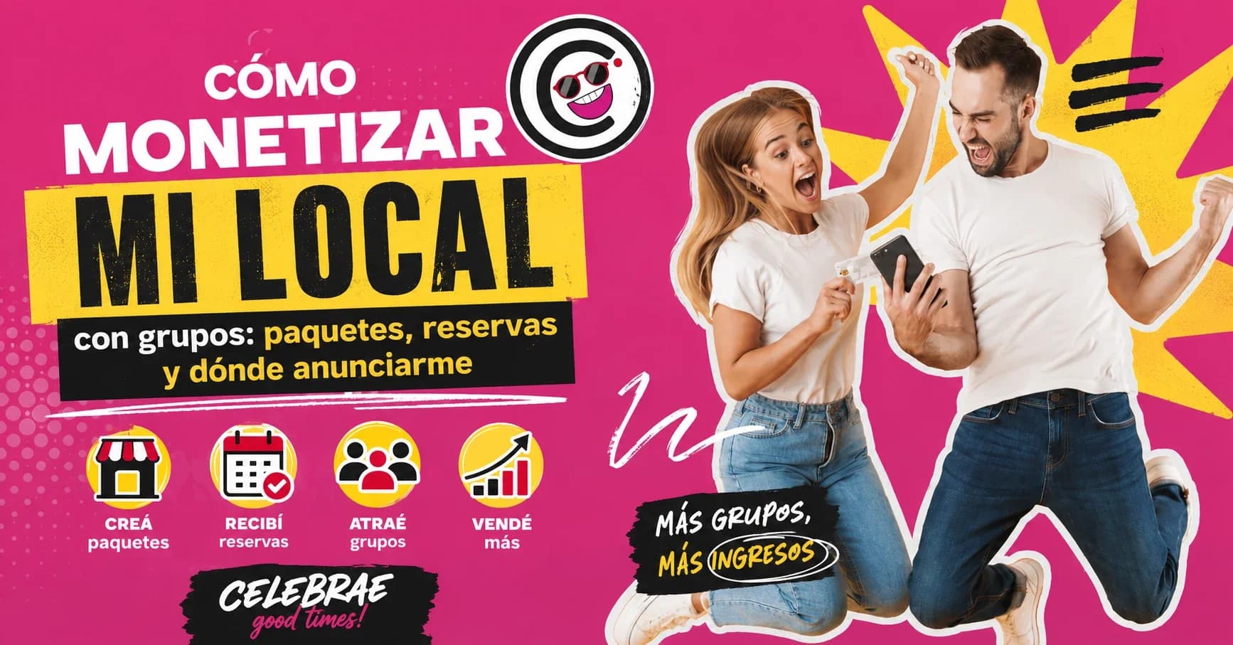 Personas celebrando en un local, simbolizando la monetización con grupos