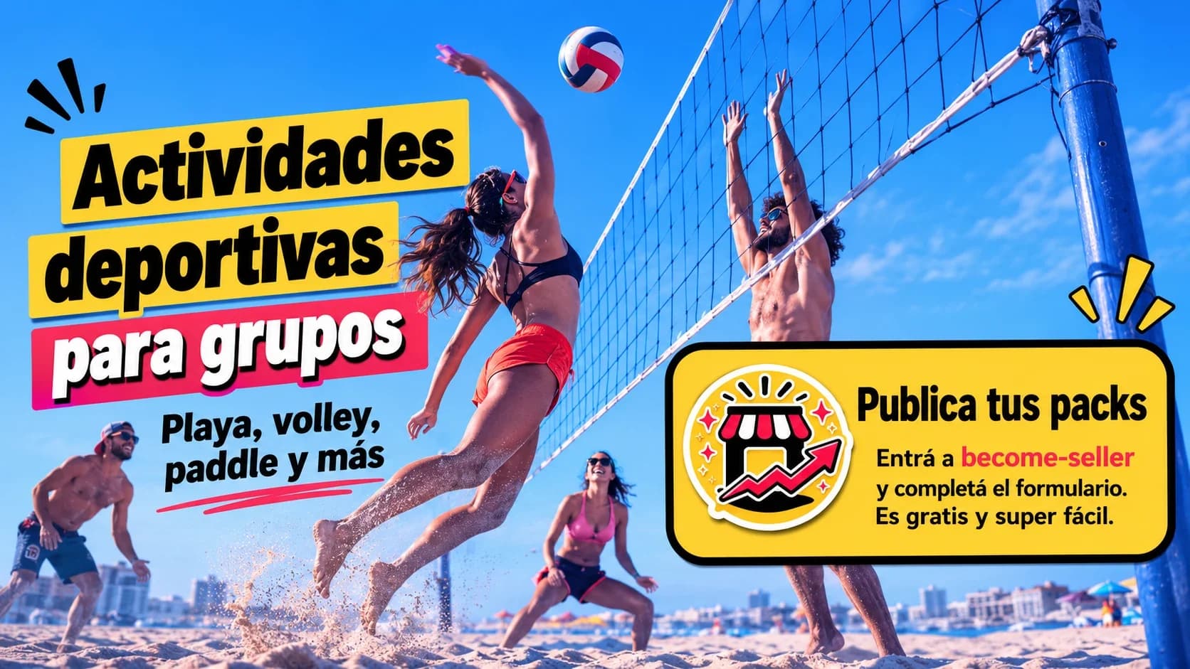 Grupo de amigos jugando volley en la playa, celebrando una actividad deportiva grupal
