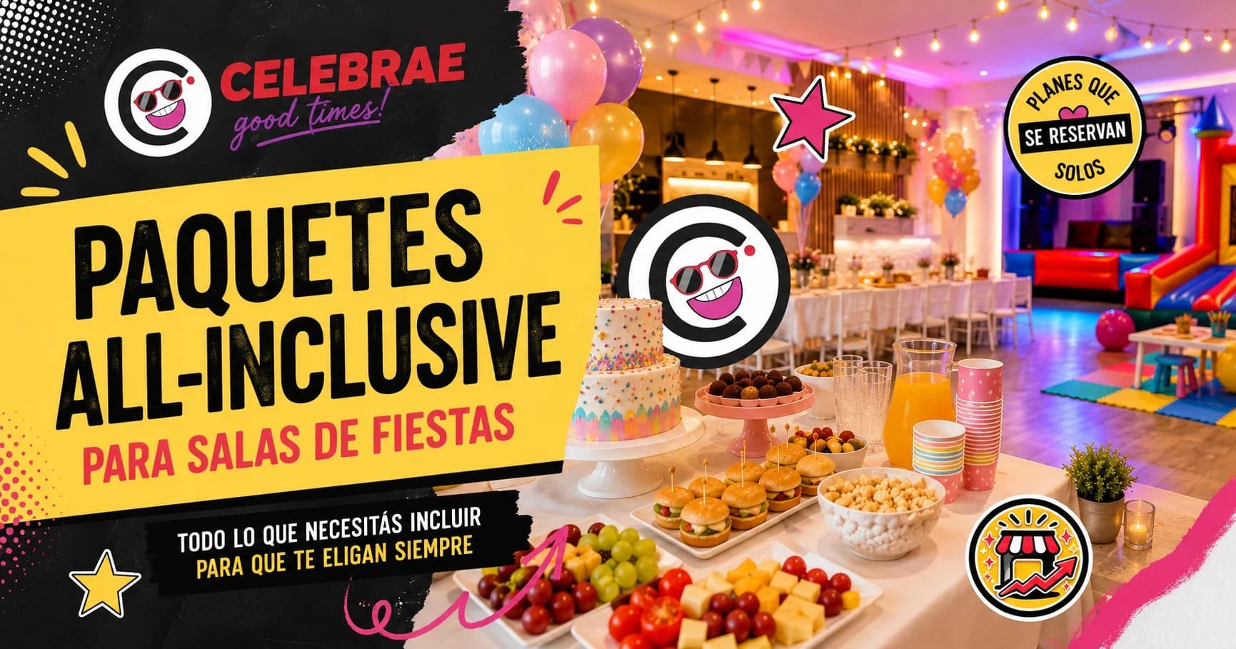 Mesa de fiesta decorada con globos y comida, representando un paquete all-inclusive para sala de fiestas.