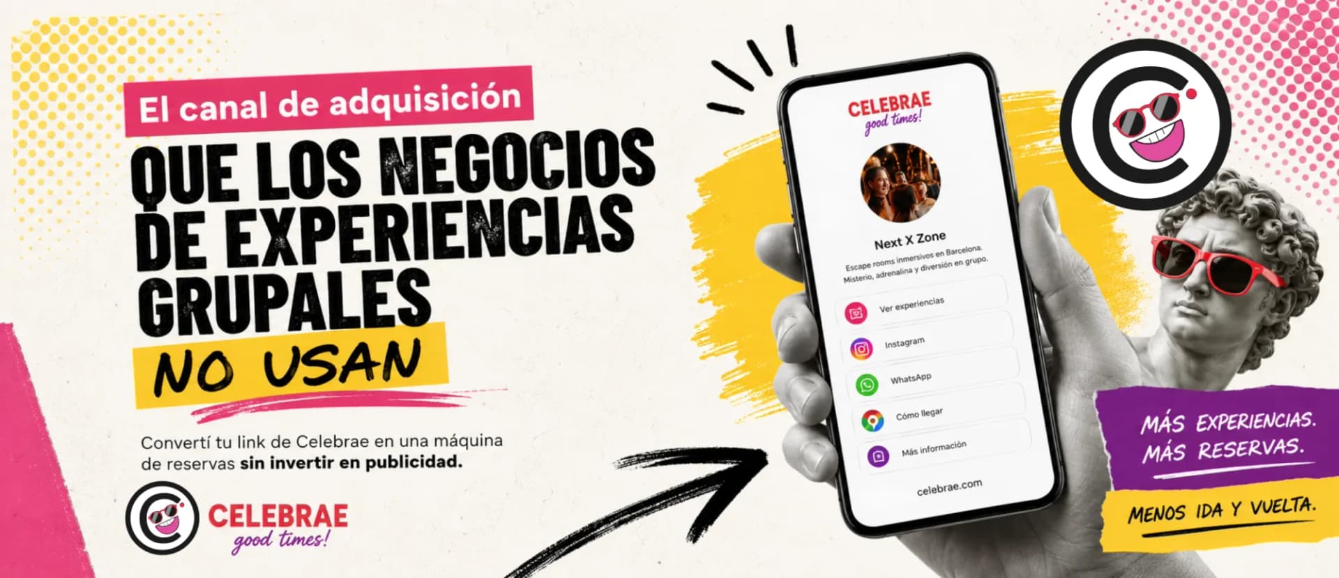 Página de links de Celebrae mostrando varias experiencias y enlaces para negocios
