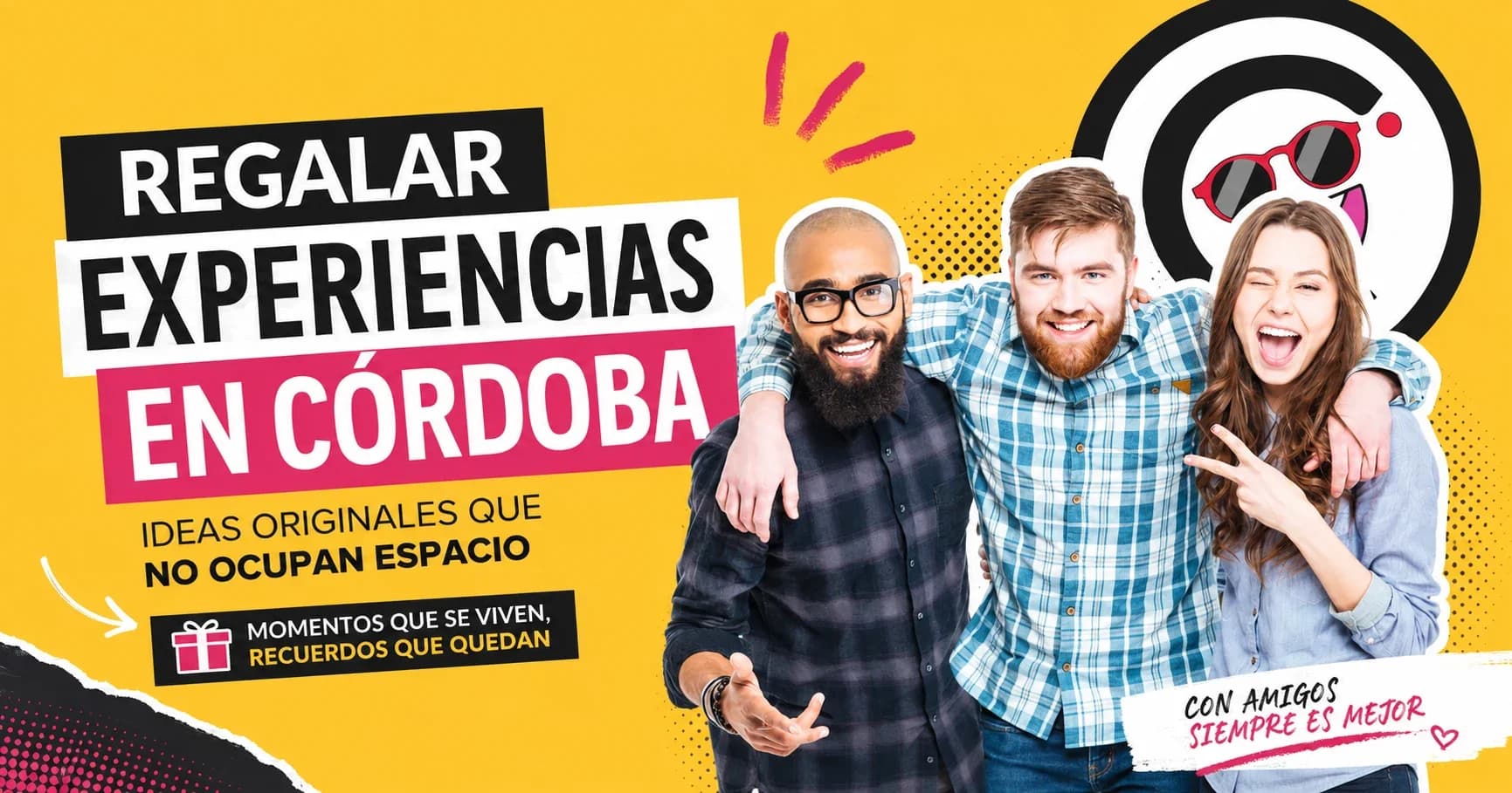 Caja de regalo con un lazo y un paisaje de Córdoba de fondo, simbolizando regalar una experiencia.