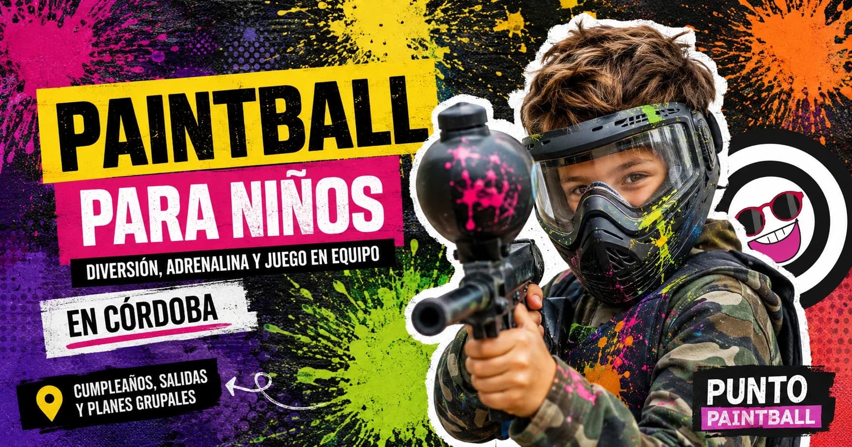 Niños jugando paintball en un campo de juego con equipamiento de seguridad