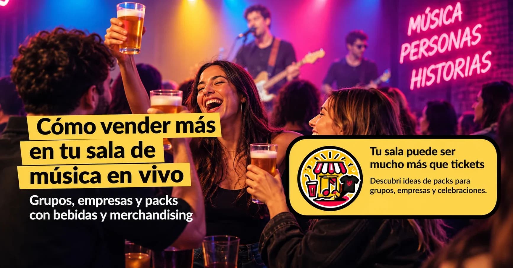 Una imagen que muestra un concierto en vivo con gente disfrutando y celebrando en un ambiente festivo.
