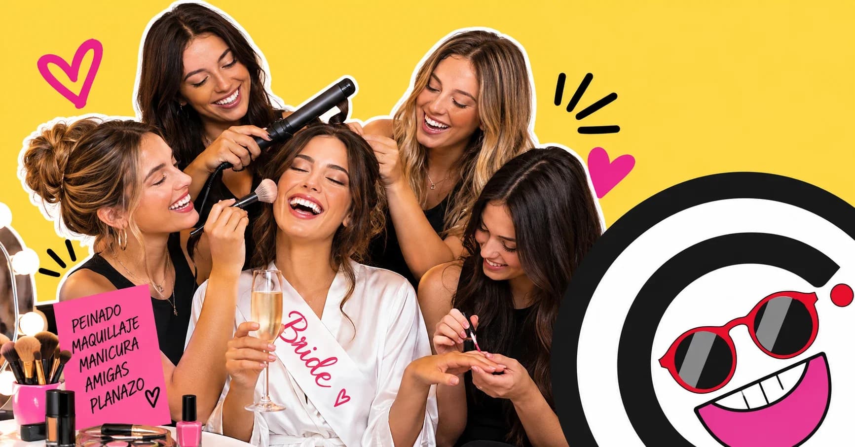 Grupo de amigas arreglándose en una peluquería para una despedida de soltera