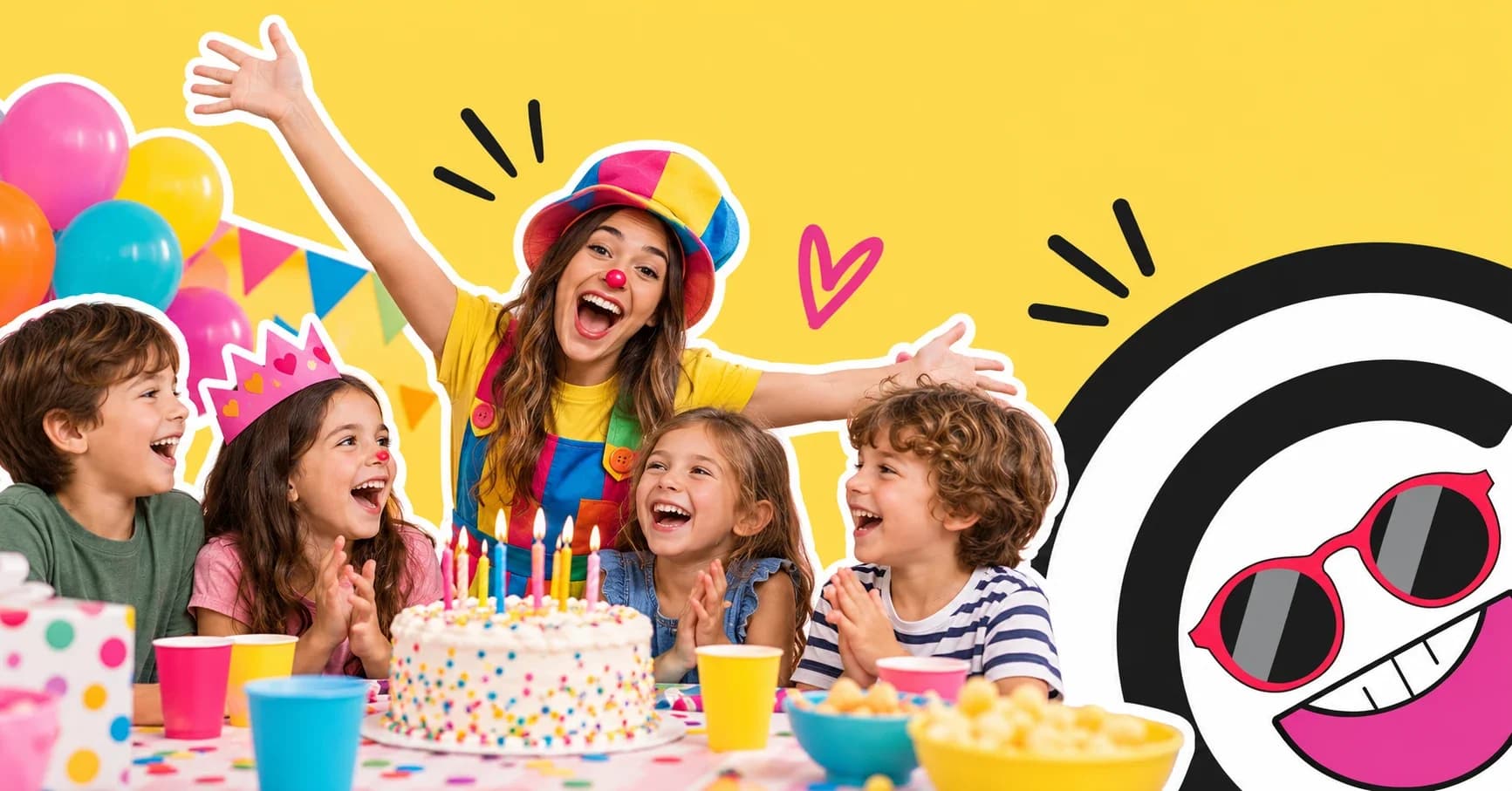 Niños celebrando un cumpleaños en un salón de fiestas con animador y catering.