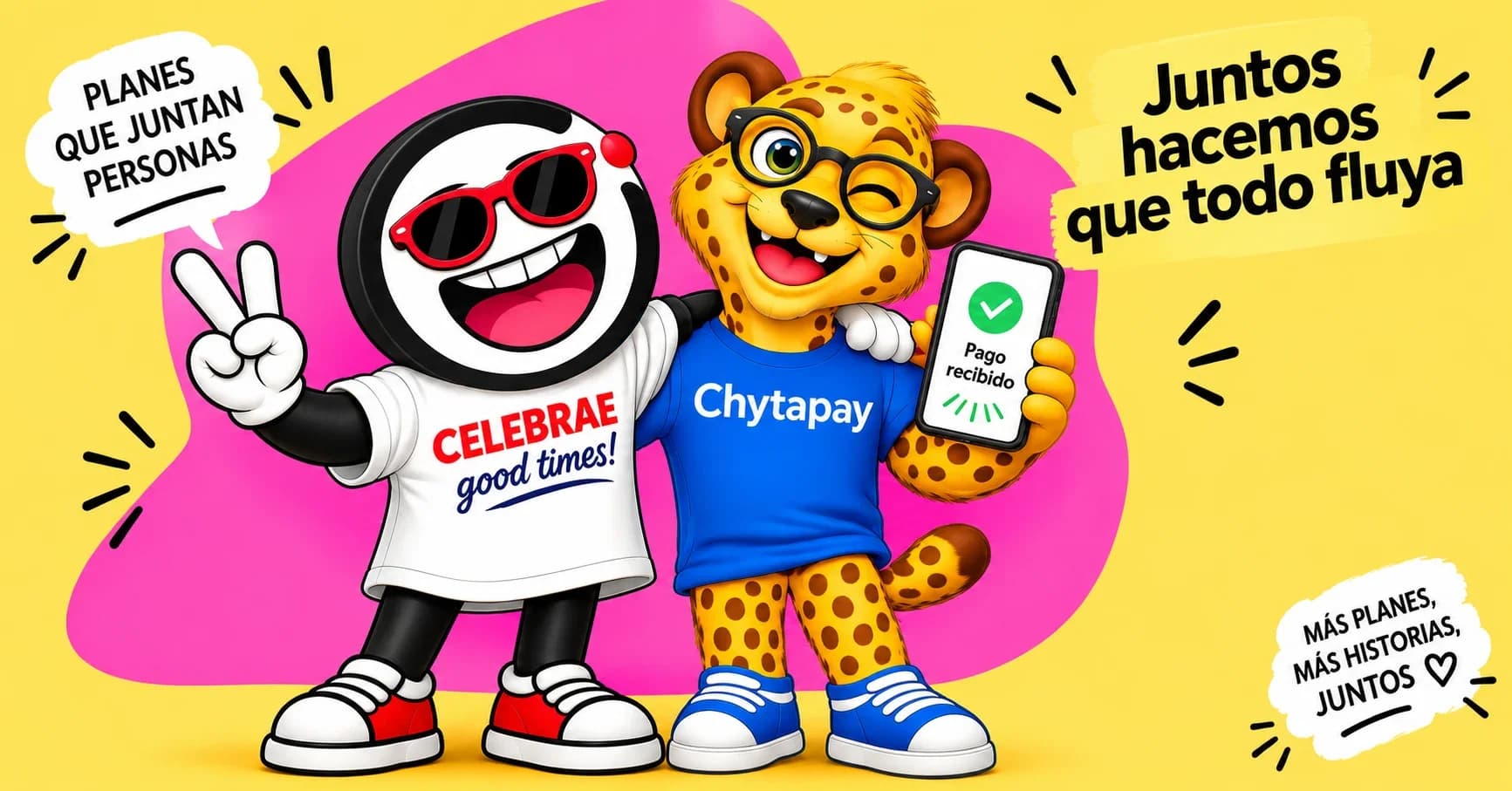 Los dibujos animados de CELEBRAE.com y Chytapay.com.ar juntos abrazados