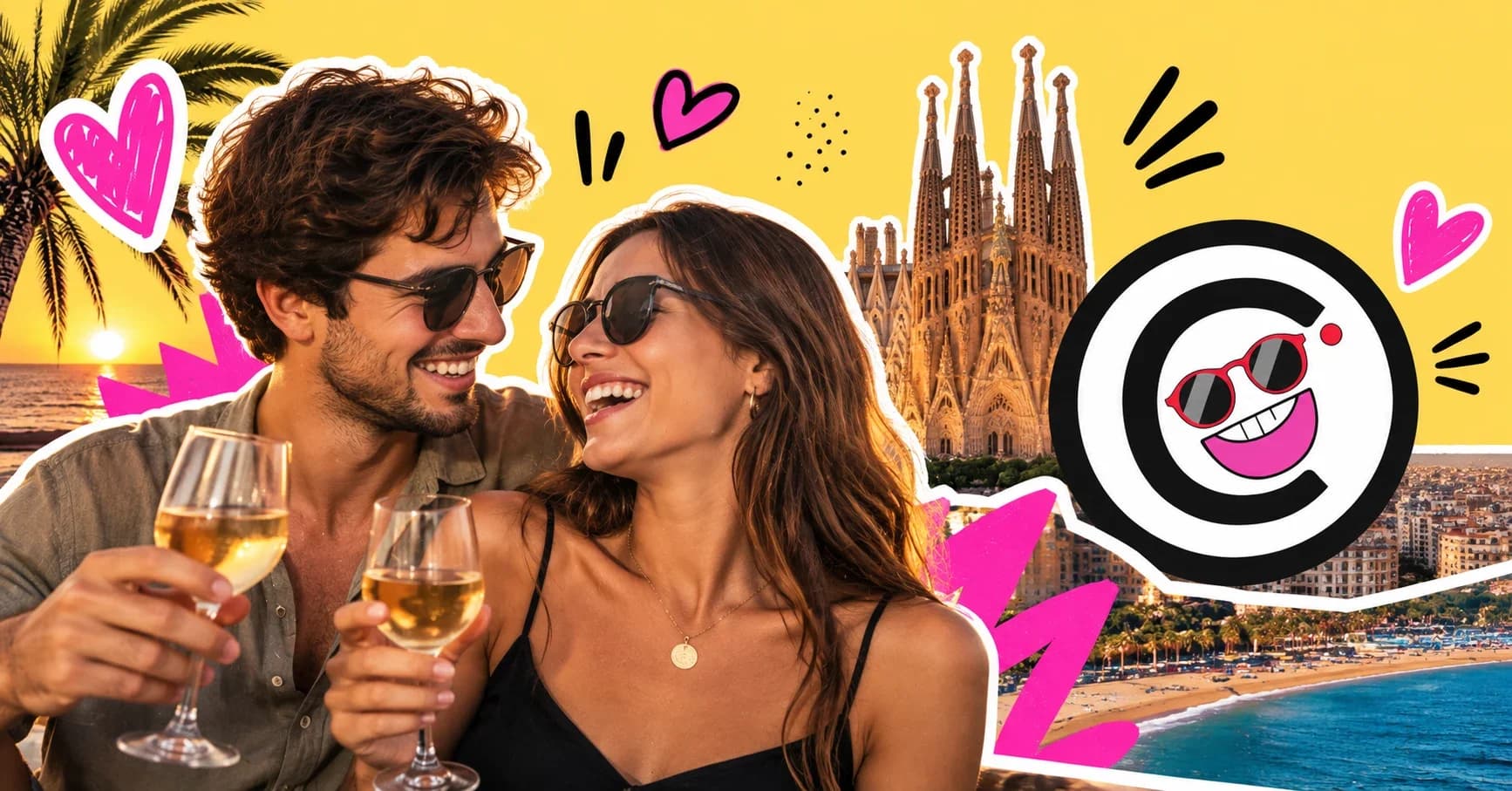Pareja disfrutando de un paseo en velero al atardecer en Barcelona
