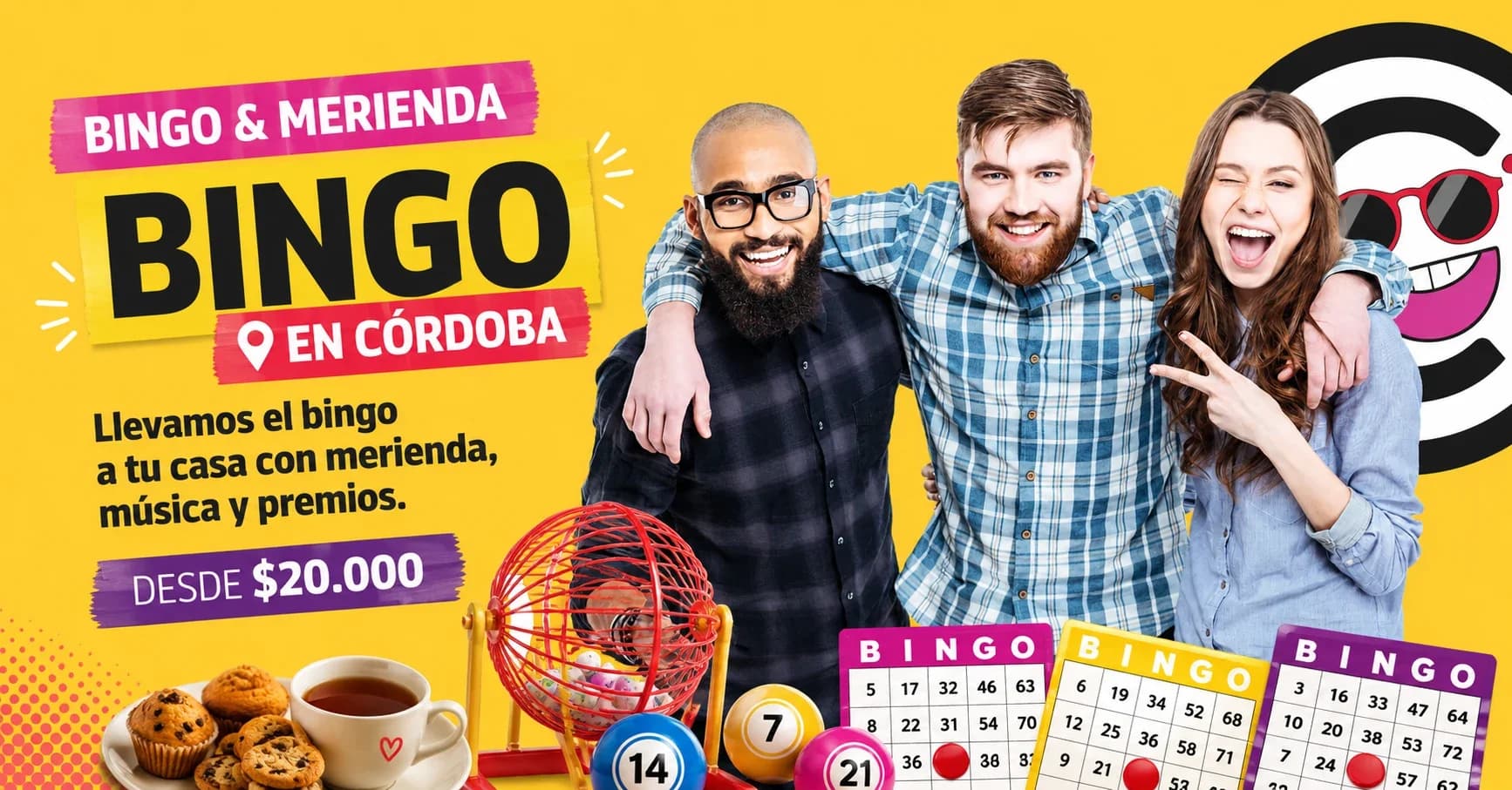 Mesa de bingo con cartones, premios y merienda en un ambiente festivo