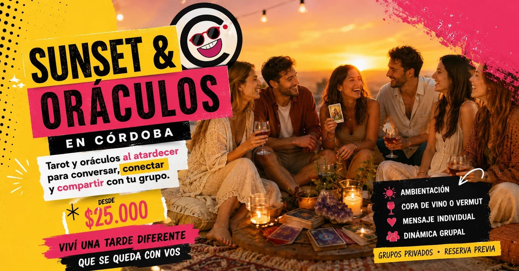 Grupo de amigos compartiendo una experiencia de oráculos al atardecer en Córdoba