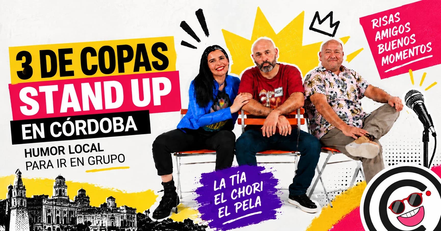 Grupo de amigos riendo en un show de stand up en Córdoba
