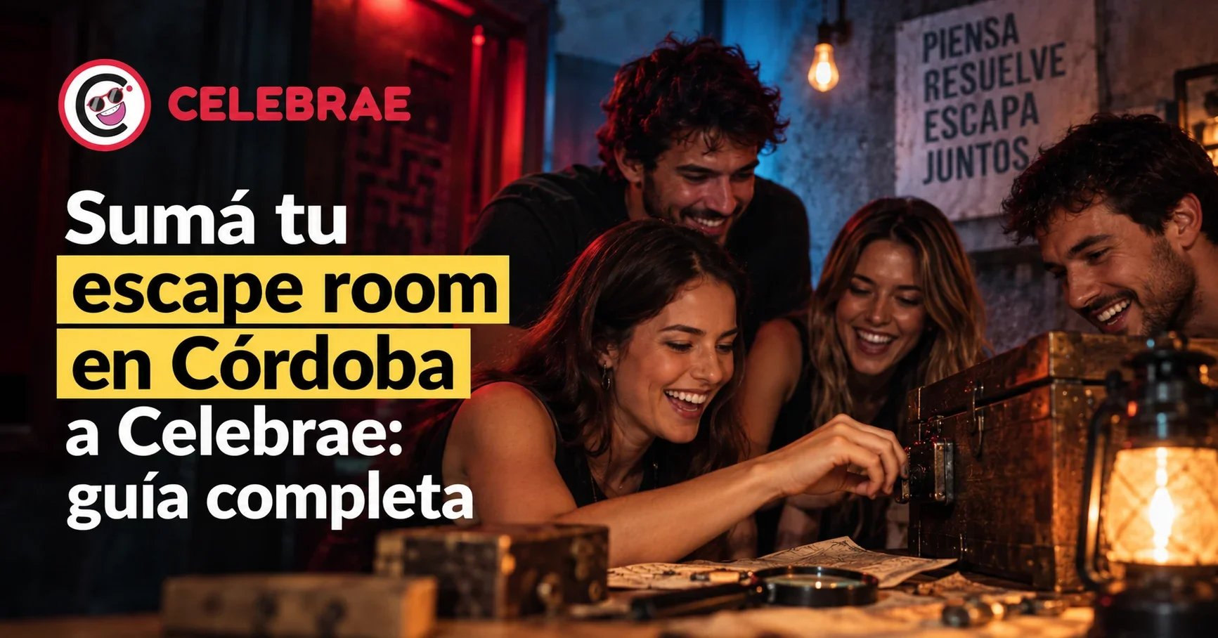 Persona resolviendo un rompecabezas en un escape room, con el logo de Celebrae superpuesto.