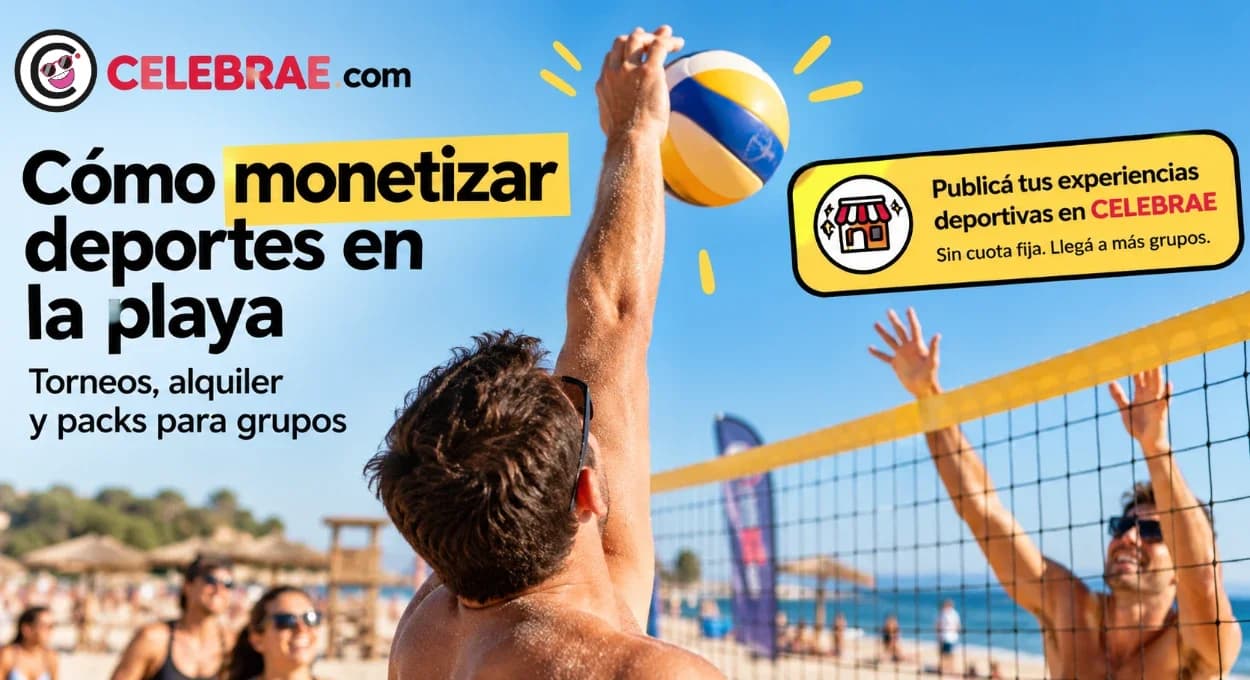 Deportes en la playa: grupo jugando volley en la arena con una red y un balón