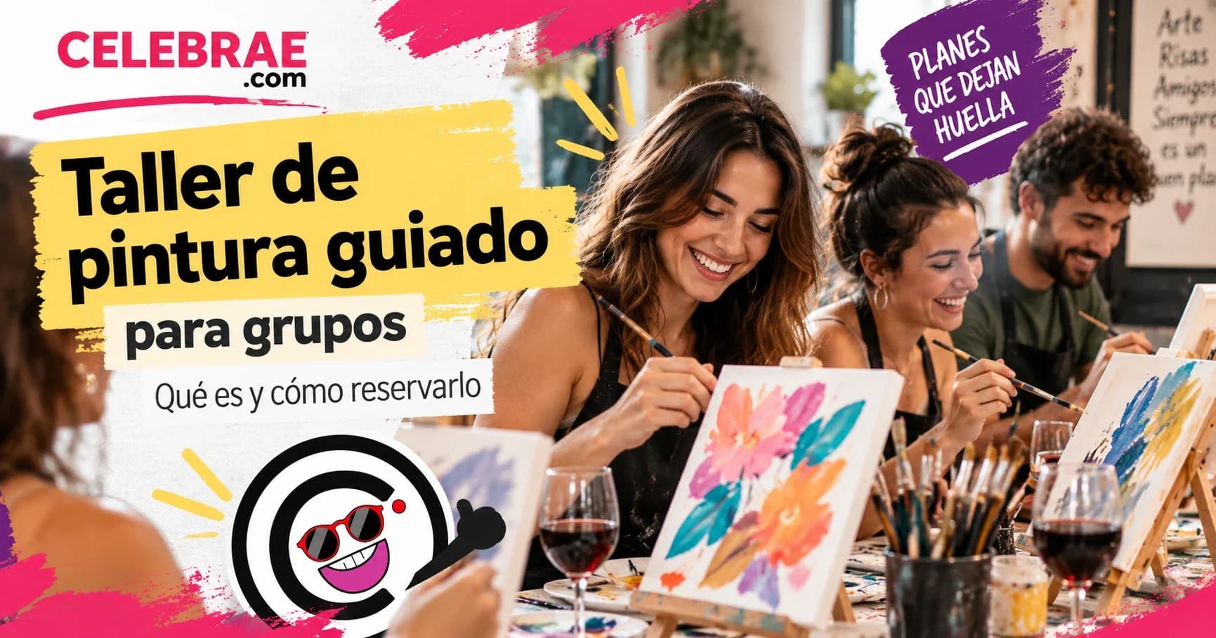 Grupo de personas pintando en un taller guiado con copas de vino