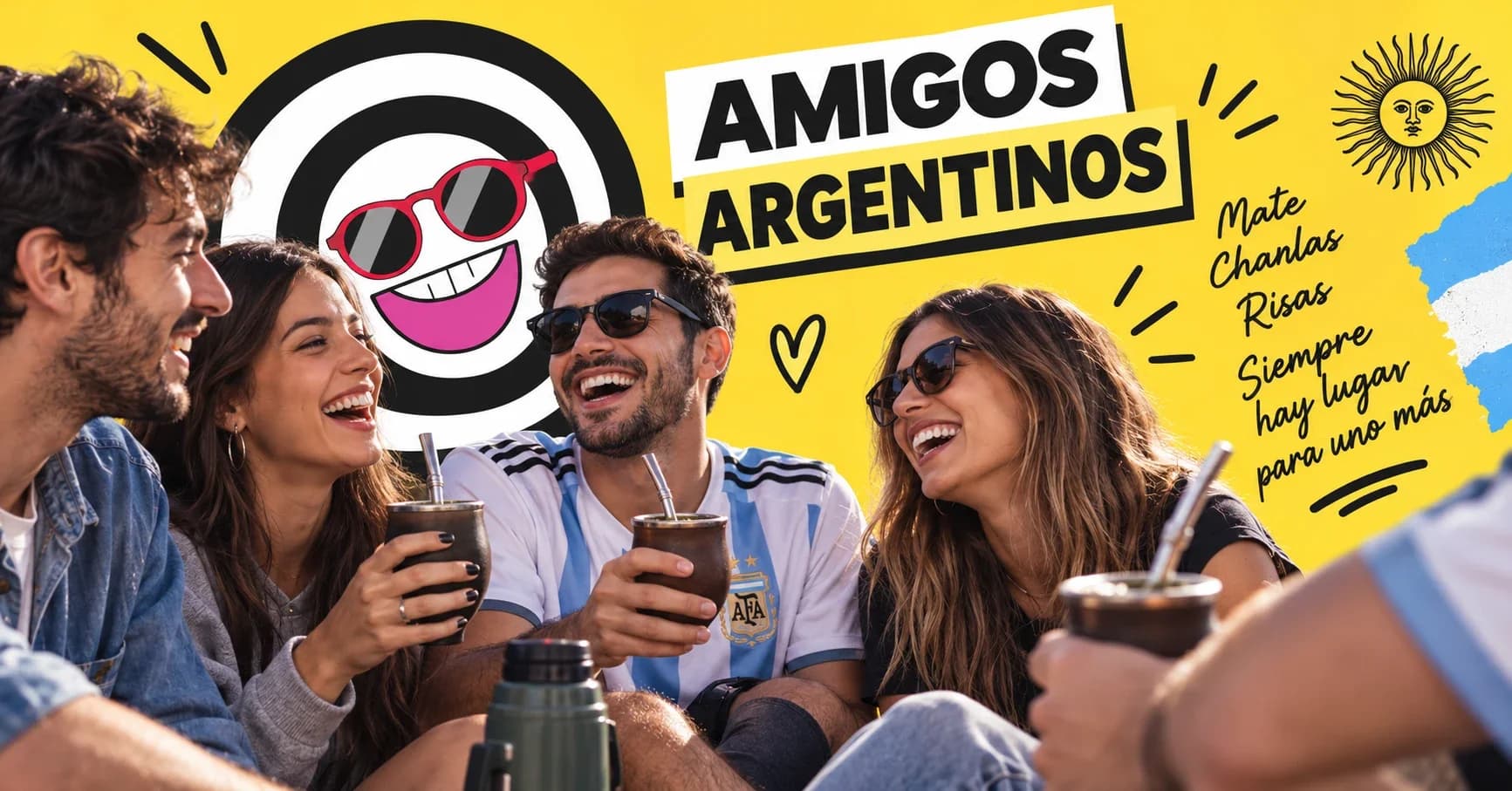 Grupo de amigos compartiendo mate y risas en Argentina