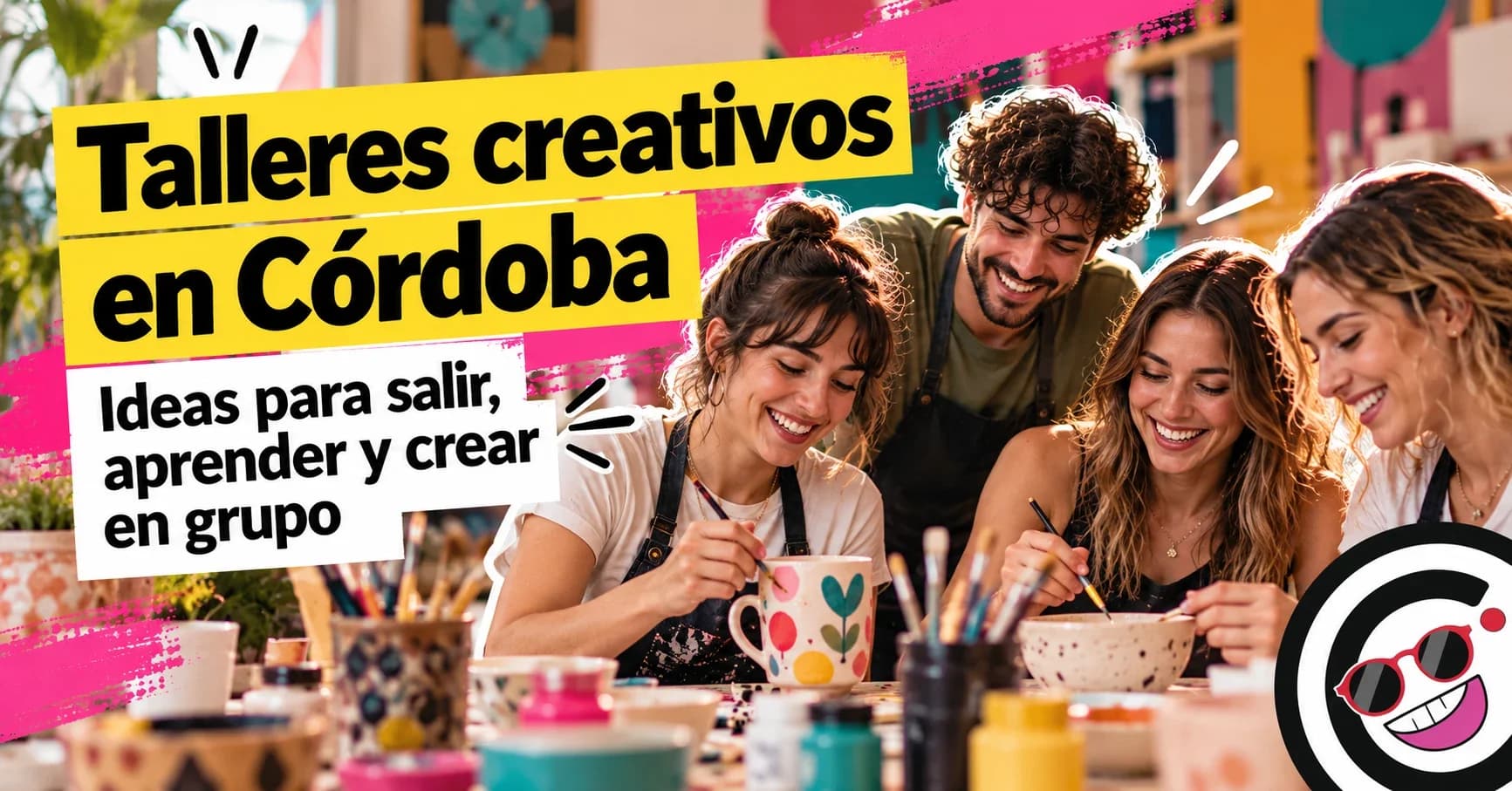 Grupo de amigos personalizando bolsas y objetos en una mesa de taller creativo.