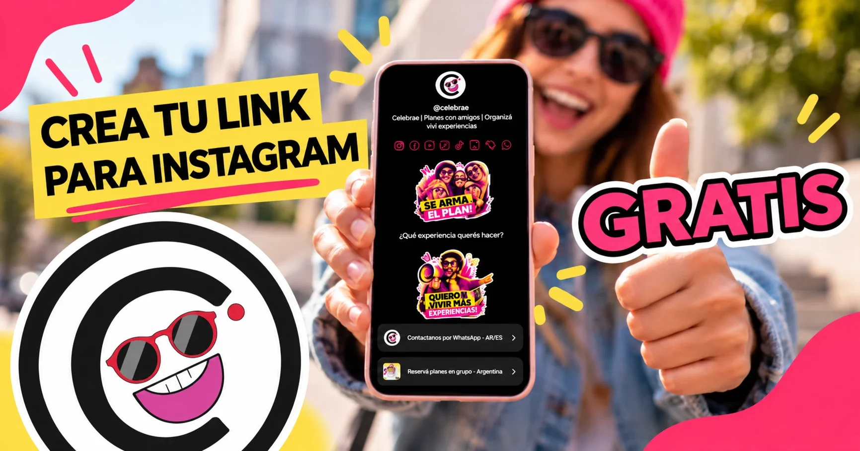 Página de links de Celebrae.com/link en un dispositivo móvil con iconos de redes sociales y experiencias.